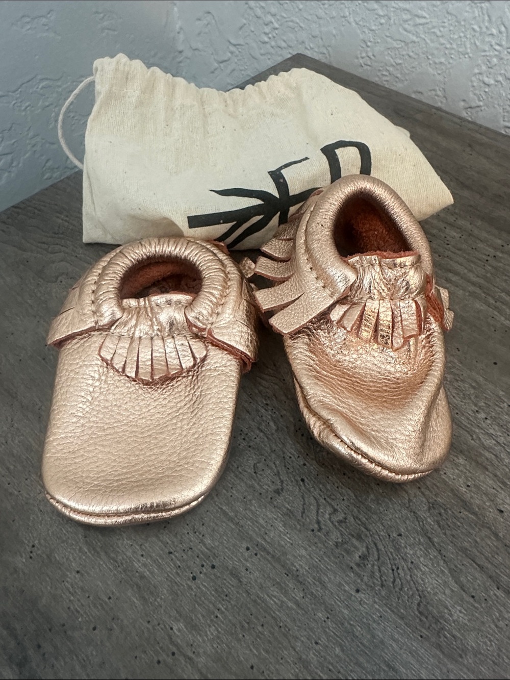 Freshly Picked Rose Gold Metallic Fringe Baby Moccasins Size 3 (12-18M)
